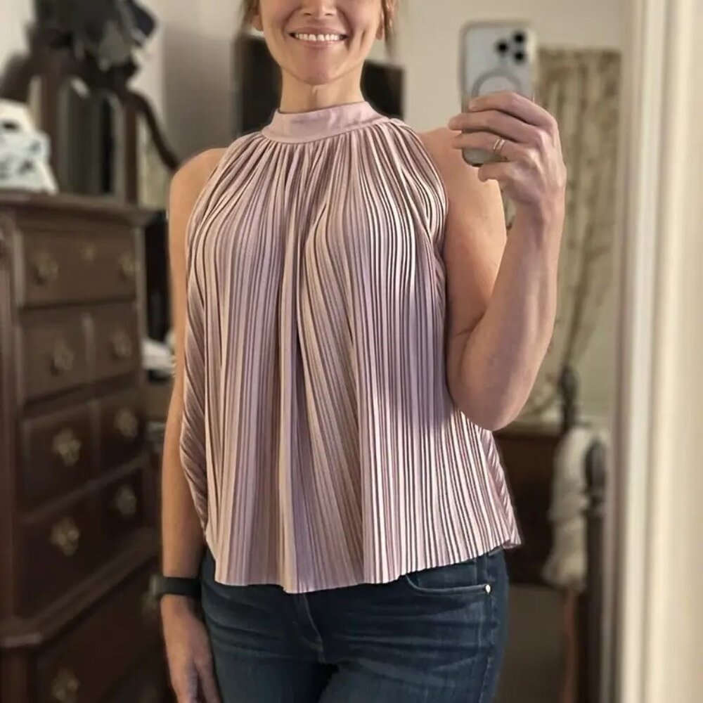 Atlein Mauve Plisse Pleated Turtleneck Sleeveless Pink Top Size 10